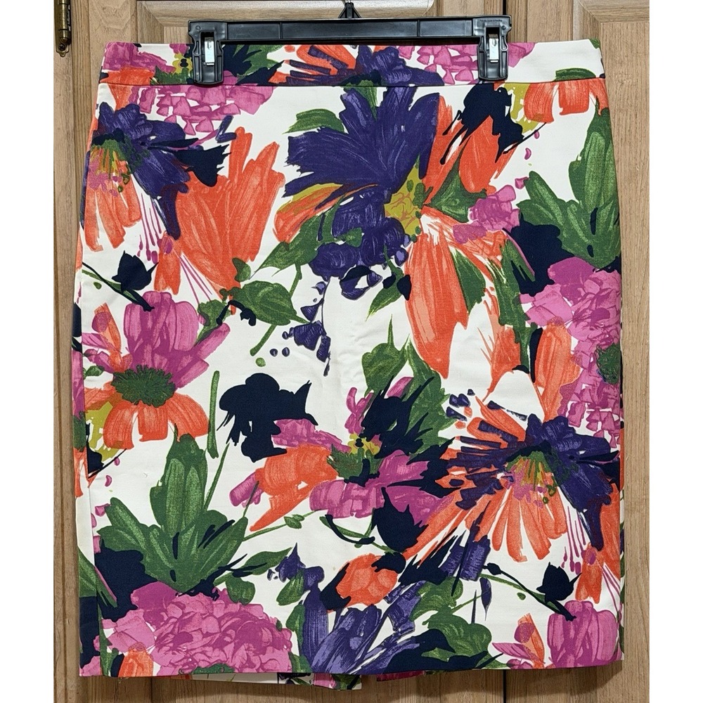 J. Crew No. 2 Pencil Vibrant Watercolor Floral Pencil Skirt Sz 16 Coral Purple